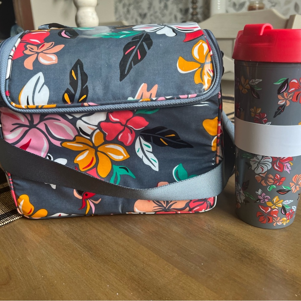 Vera Bradley insulated lunch tote with adjustable strap and insulated mug